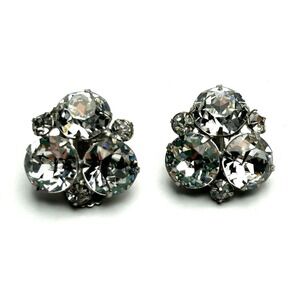 Vintage Weiss Clear Rhinestone Clip Earrings Silver Tone Mid Century Glam